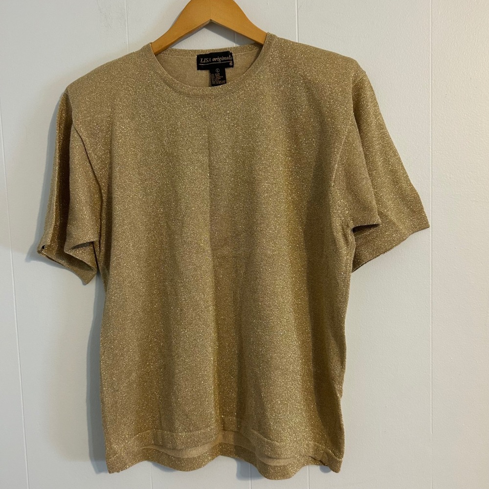 Lisa Originals Gold Metallic Sparkle‎ Knit Short Sleeve Top Women's Size L VTG